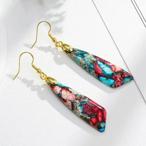 18K Yellow Gold with Natural Imperial Red Blue Jasper Stone Drop Hook Earrings